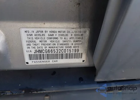 2002 Honda Accord 2.3 Lx from USA, damaged, VIN JHMCG66532C015199